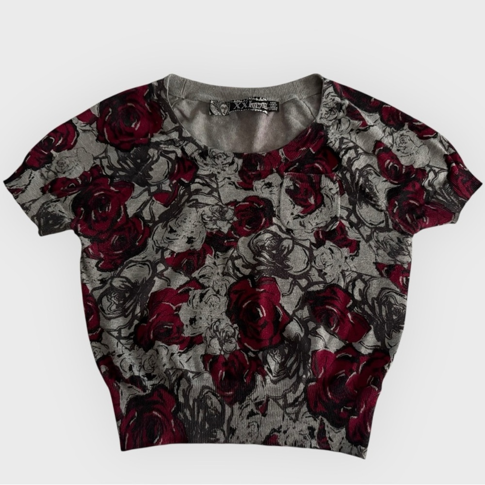 XXI Twist Floral Gray and Red Women's Top